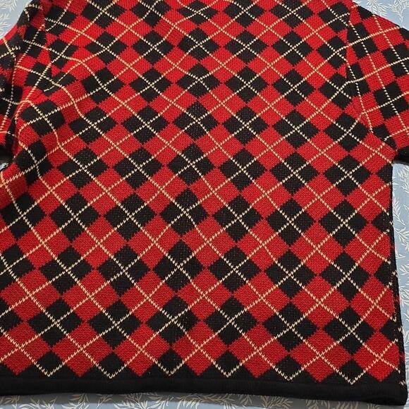Crystal-Kobe Vintage Sz XL Red Black Argyle Gold Button Pockets Cardigan Sweater - Picture 8 of 13